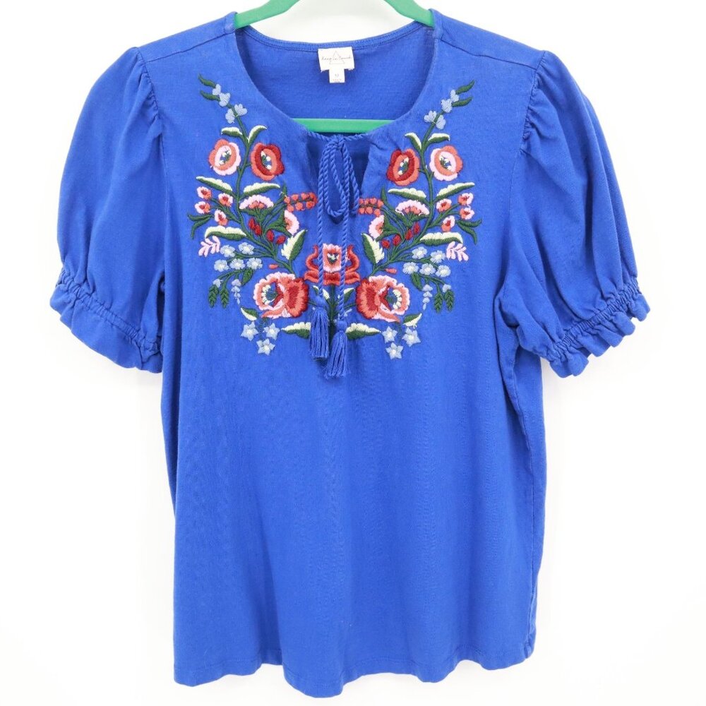 Keep In Touch Embroidered Top Womens M Blue Boho Girlhood Peasant Granny Cottage